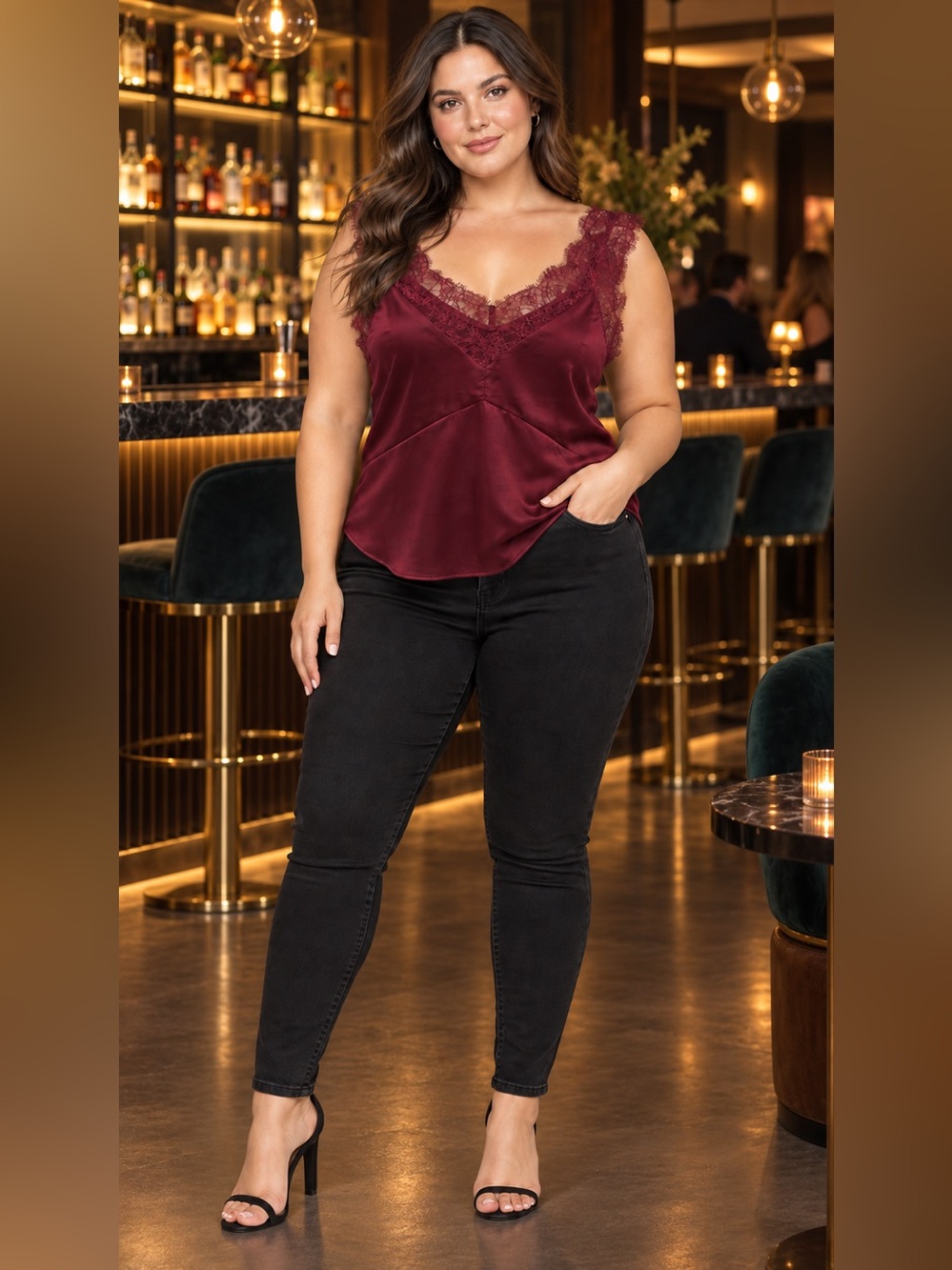Lulu's Burgundy Lace-Trim Satin Cami